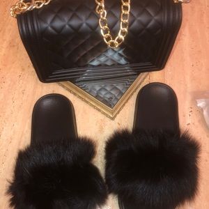 Black purse and furry slides